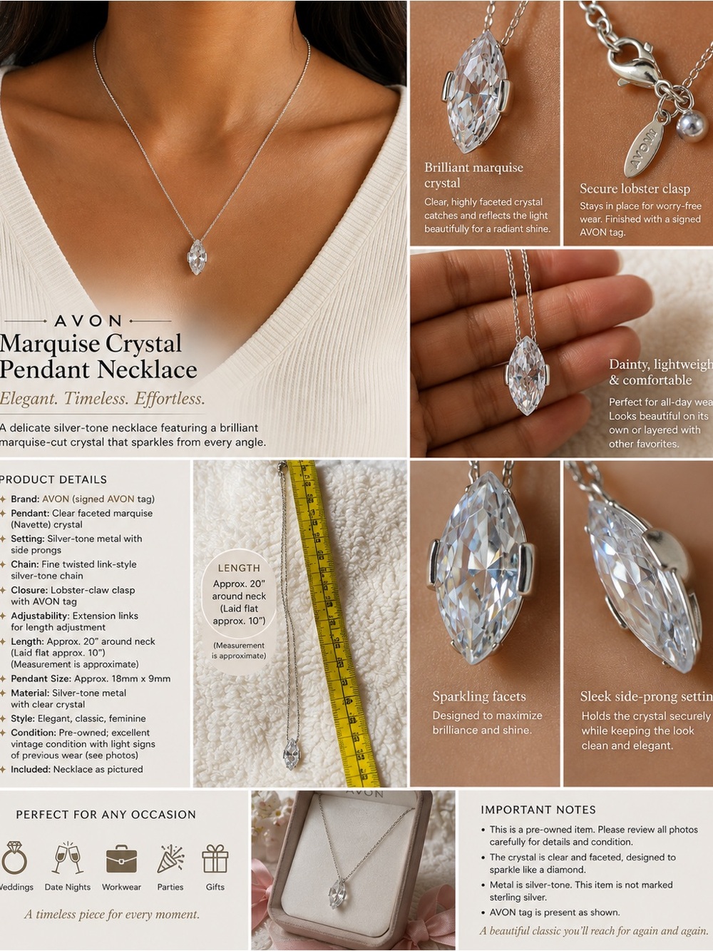 Avon Silver-Tone Marquise Crystal Pendant Necklace — Clear